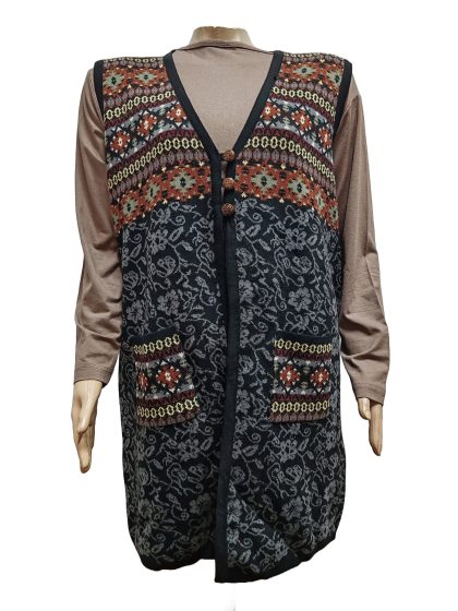 Kadın Büyük Beden Kilim Desenli Uzun Cepli Yelek